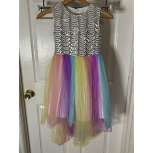 Sunny Fashion beautiful, sleeveless, pastel rainbow Unicorn dress, girl's 10